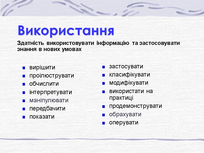 Використання  Здатність використовувати інформацію та застосовувати знання в нових умовах